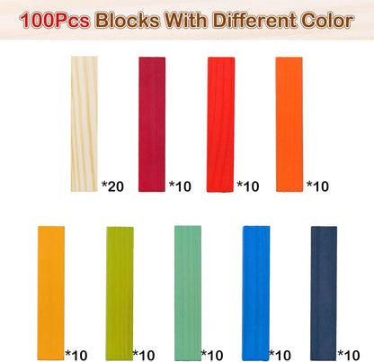Hayder Classic Wooden Building Blocks Set, 100PCS Solid Wood Blocks in 9 Colors Stacking Educational Toy Set for Kids