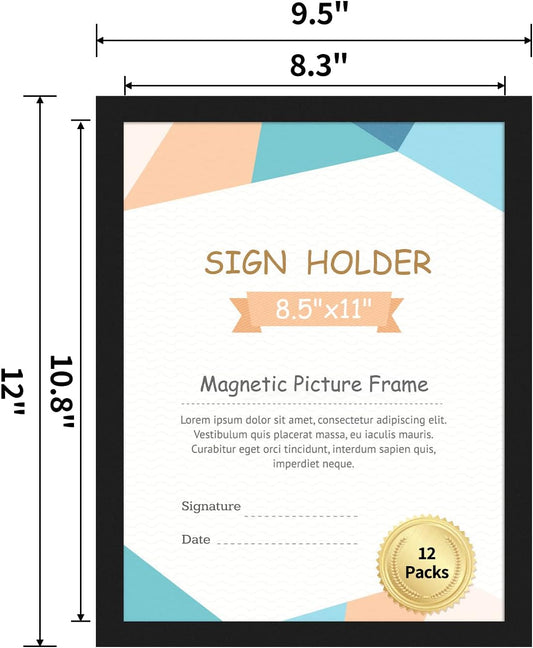 Hoikwo 12 Packs 8.5x11 Black Certificate Frames, Bulk 8.5 by 11 Document Frames, 8.5 x 11 Picture Frames Set, Adhesive Magnetic Frames for Letter Holder for Refrigerator Glass Door