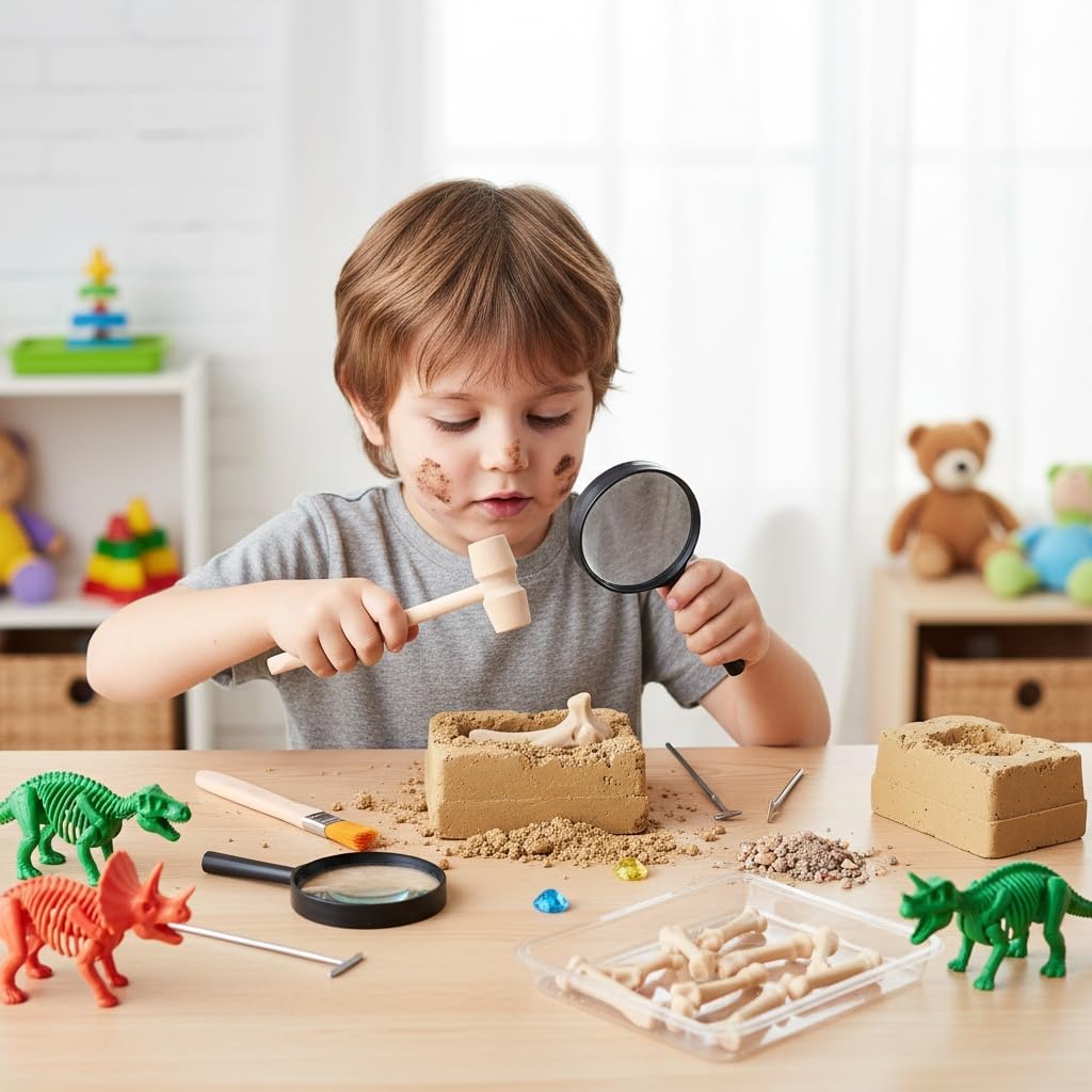 Archaeological Excavation Tools for Kids: 3 Sets Dinosaur Fossil Digging Kits with Mini Hammer Chisel Brush Scraper and Magnifier Science Kits for Dino Eggs and Gem Dig