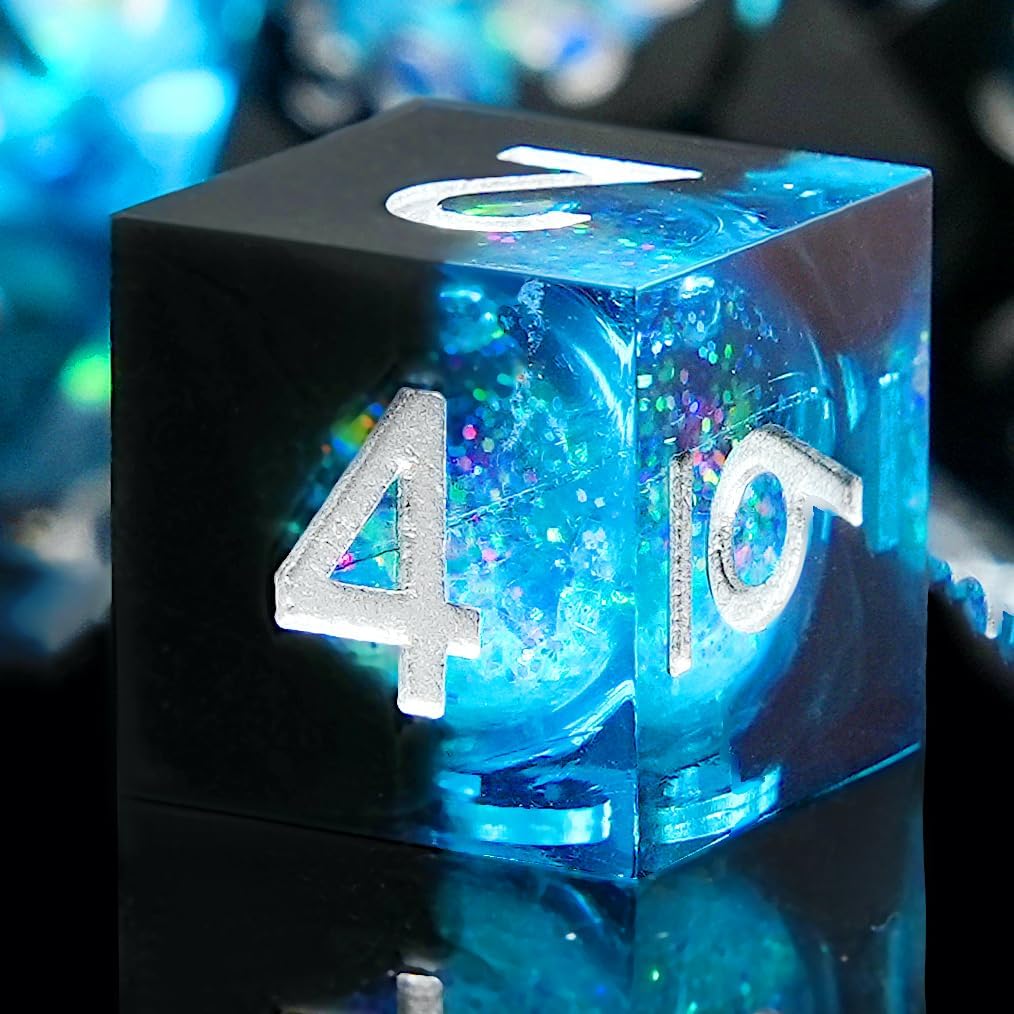 Liquid Core DND Dice Set, 7pcs Sharp Edge Dice for Role Playing Dungeons and Dragons Ttrpg with Gift Box, Handmade Resin D&D Dice RPG Role Playing Games Dice Set(Blue Gold)
