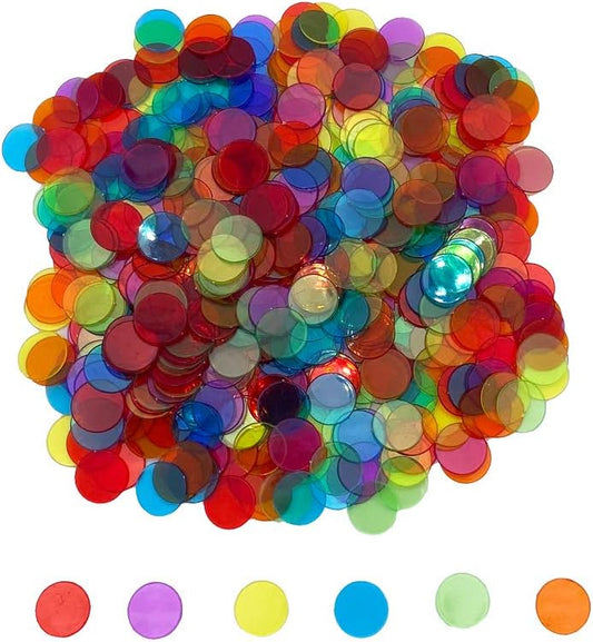 JUNWRROW 500 Pieces 3/4 inch Transparent 6 Color Bingo Counting Chips with Bag