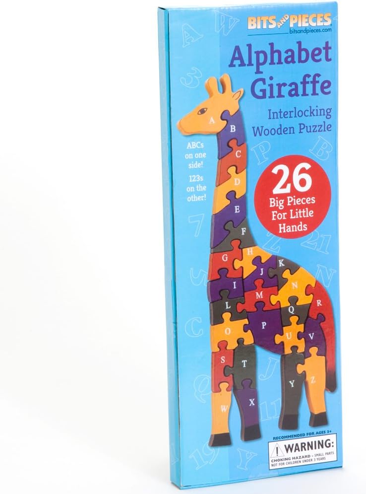 Bits and Pieces - Wooden Alphabet Giraffe Puzzle - Learn ABCs and 123s - Colorful Large 3/4 Inch Thick, Non-Toxic Paint