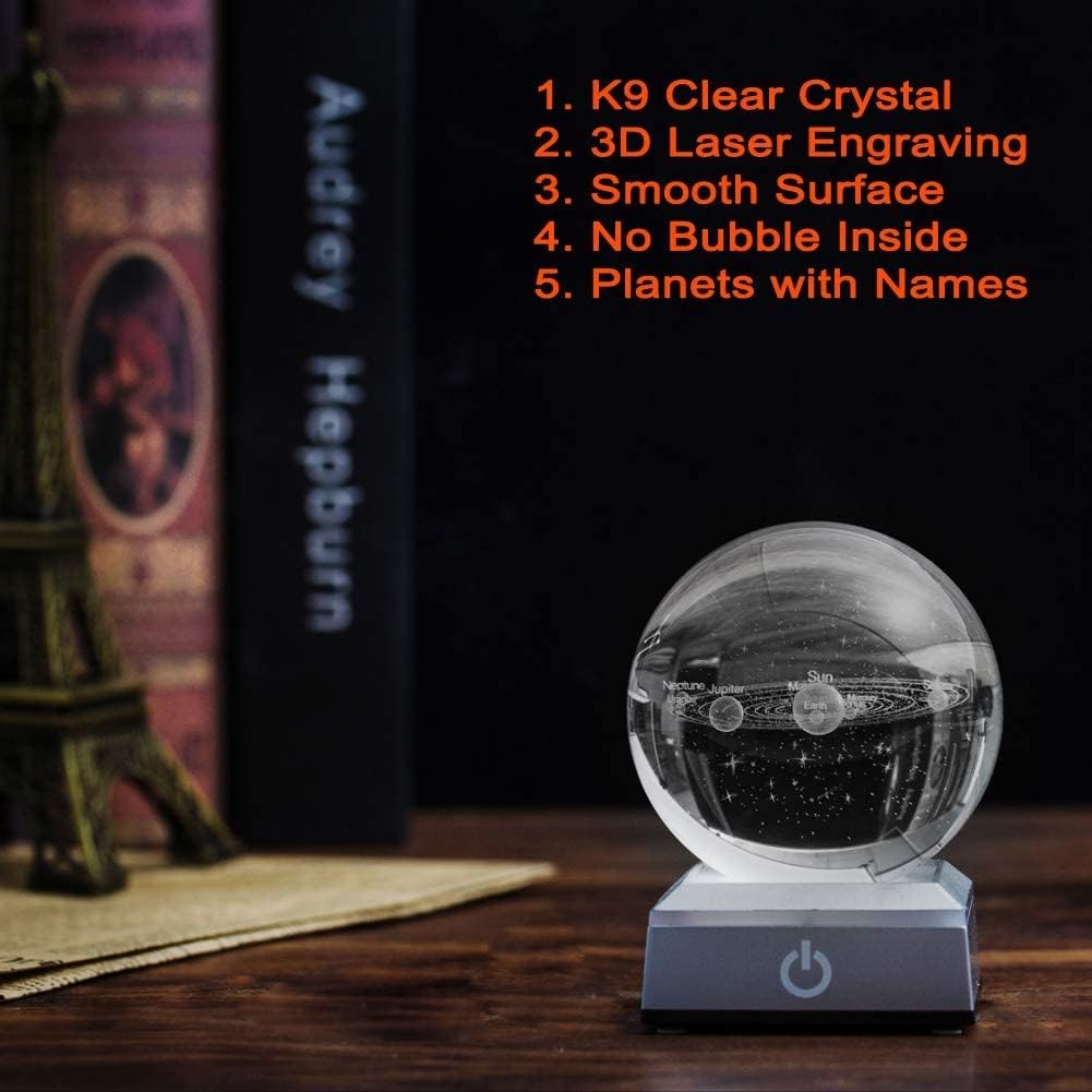 3D Solar System Crystal Ball with LED Touch Base,Solar System Night Light Lamp Gift,Indoor Figurine Lamps Light for Birthday,Christmas,Wedding,Graduation(8cm)