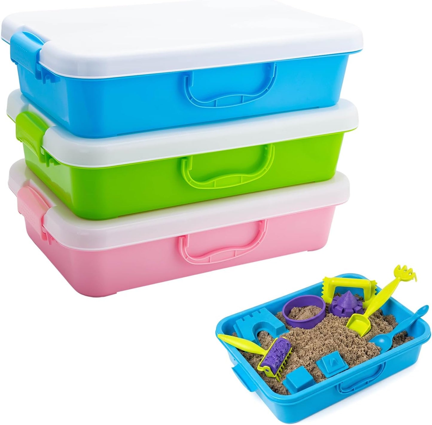 3 PCS Sand Container Compatible with Kinetic, Sand Tray with Lid, Stackable Sandbox Container, Plastic Storage Bins with Handle, Secure Closure, Ideal for Travel and Home Use (Blue, Green, Pink)