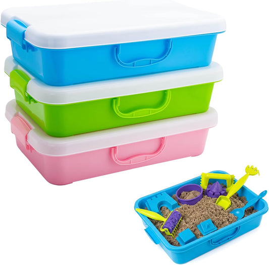 3 PCS Sand Container Compatible with Kinetic, Sand Tray with Lid, Stackable Sandbox Container, Plastic Storage Bins with Handle, Secure Closure, Ideal for Travel and Home Use (Blue, Green, Pink)