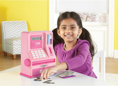 Learning Resources Pretend & Play Teaching ATM Bank, Pink - Play Money for Kids, Children's Banks, Electronic ATM Piggy Bank, Money Management for Kids, Coin Machine Toys