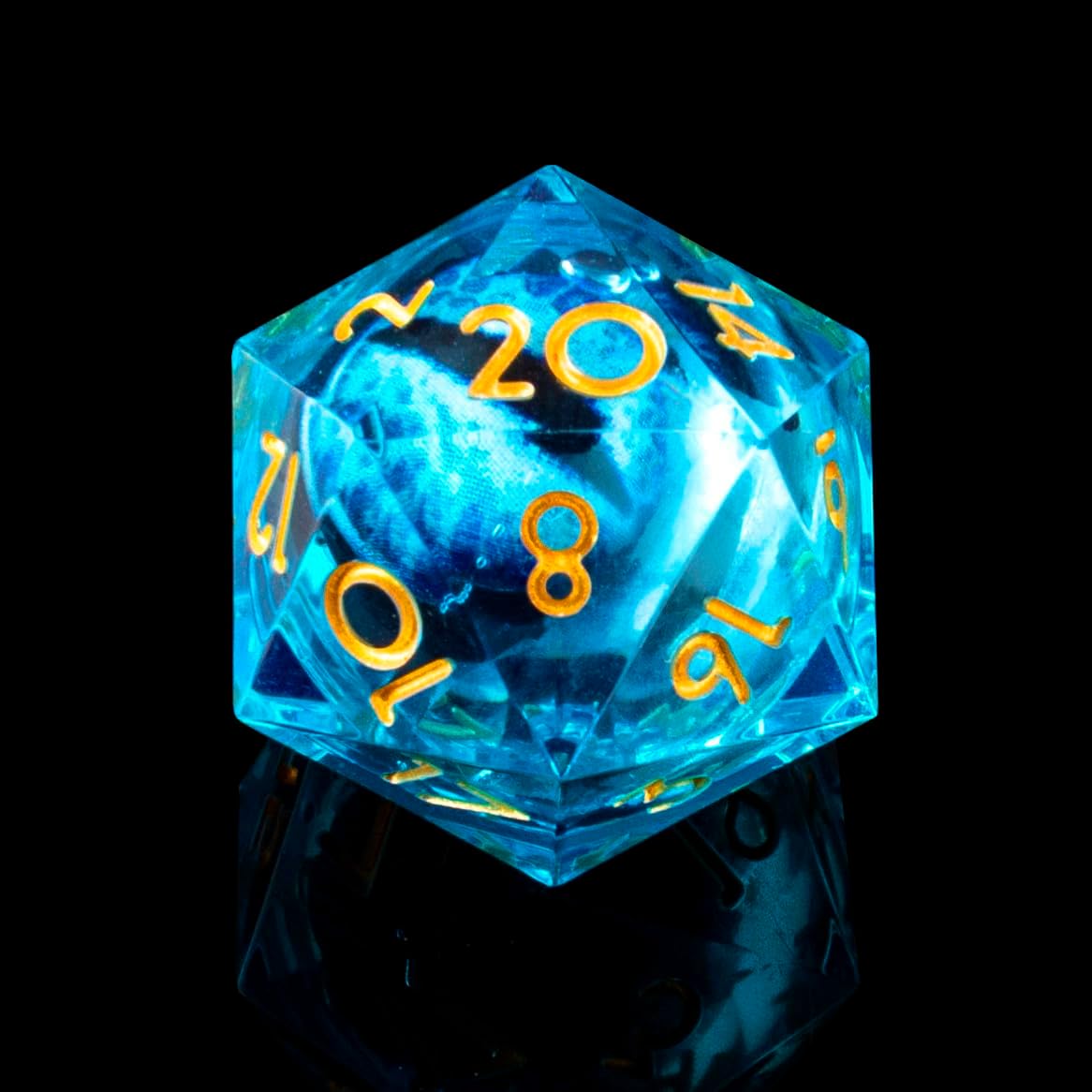 YEMEKO Beholder'S Eye D20 Dice Dragon Eye DND 22MM Single with Resin Sharp Edge 20 Sided D&D Handmade Polyhedral for Dungeons and Dragons, RPG, Roleplaying Games MTG Table Games(Blue Gold)