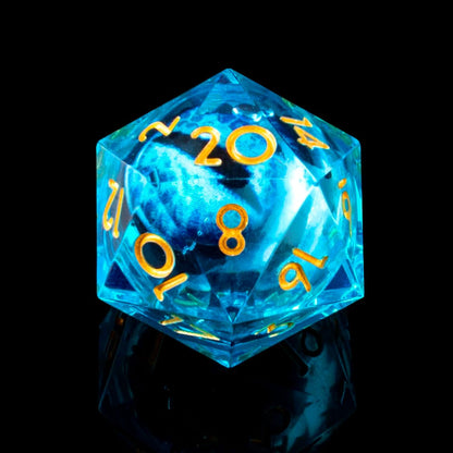 YEMEKO Beholder'S Eye D20 Dice Dragon Eye DND 22MM Single with Resin Sharp Edge 20 Sided D&D Handmade Polyhedral for Dungeons and Dragons, RPG, Roleplaying Games MTG Table Games(Blue Gold)