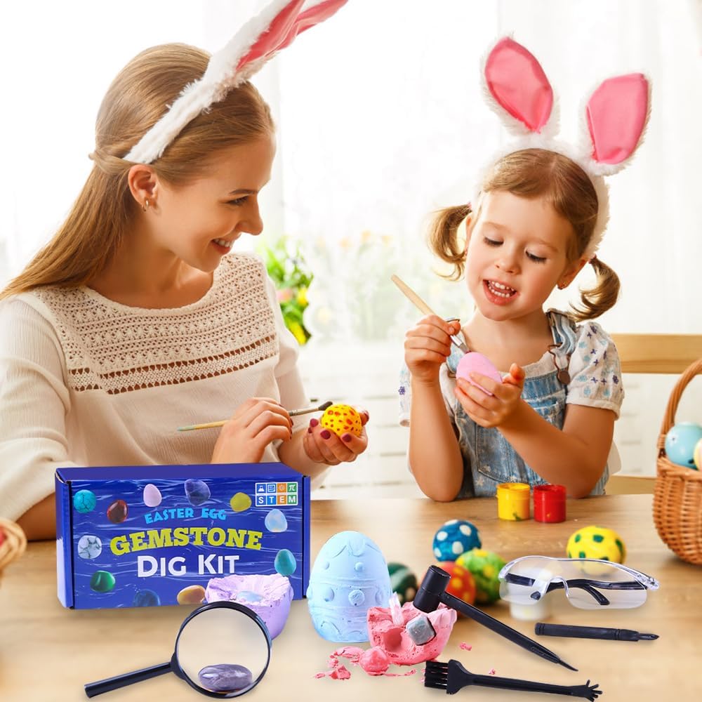 DIYDEC 3 Pack Easter Egg Dig Kit Real Gemstones Excavation Kit for Kids Easter Geology Toys Rock Digging Kit Easter Science Educational Gift for Boys Girls Easter Basket Stuffers Party Favor