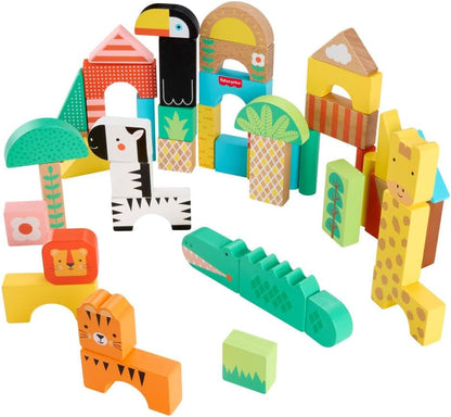Fisher-Price Wood Toddler Toy Castle Block Set, 28 Wooden Pieces for Stacking Developmental Play Preschool Kids Ages 2+ Years