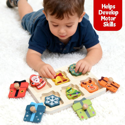Waybla Stocking Stuffer for Kids - Christmas-Themed Wooden Peg Puzzle for Toddlers 1-3 Years, Montessori Educational Toy and Learning Activity