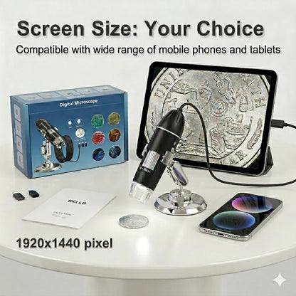USB Digital Microscope, 50x-1600x Magnification Handheld, 1920P HD 8 LED Lights, Portable Pocket Microscope, Compatible with iOS and Android Devices, +2MP Magnifier Camera, No PC Support