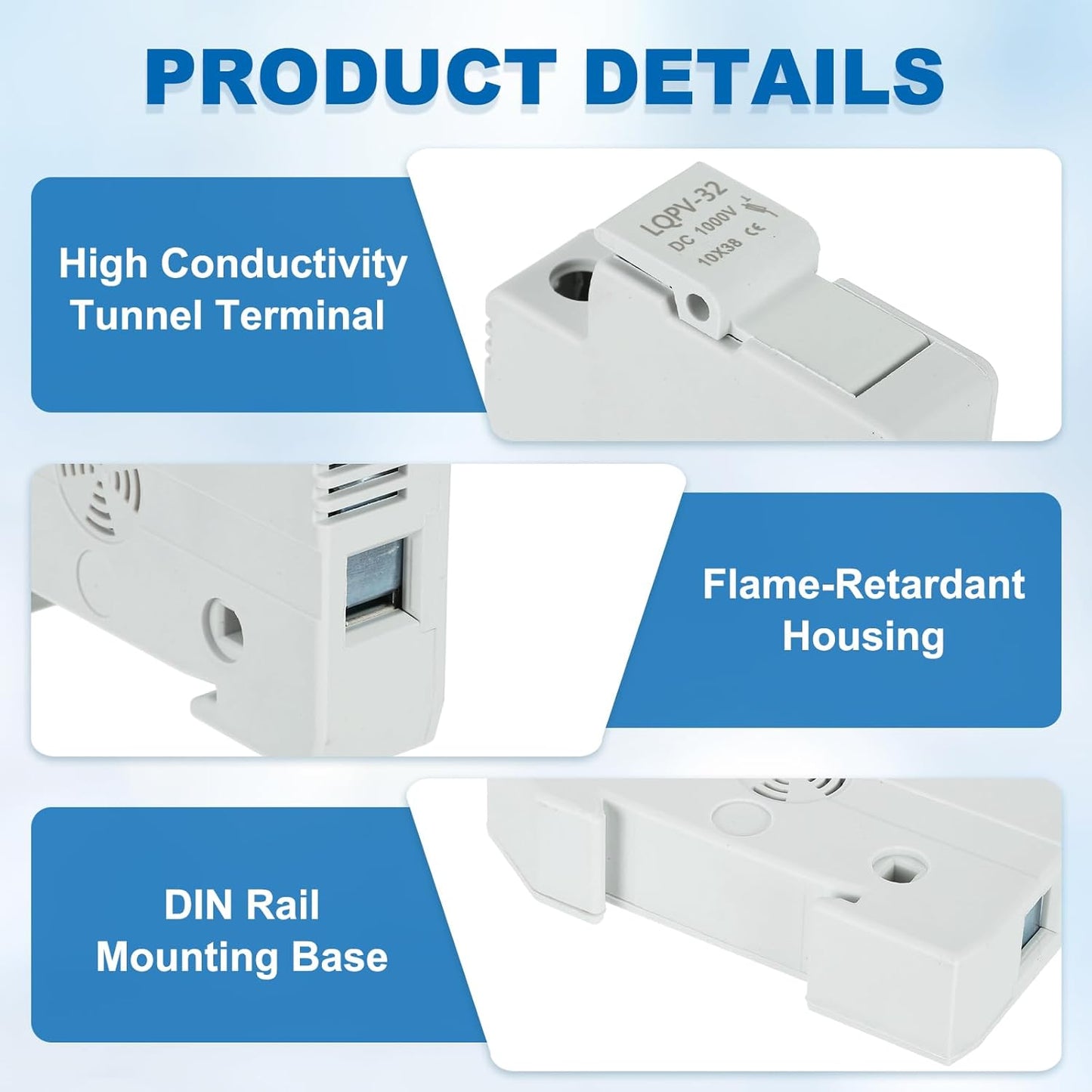 MECCANIXITY Din Rail Fuse Holder with 1 Core Block,10x38mm DC 1000V 20A Single Pole Solar/Photovoltaic Fuse Holder 4-18AWG for Solar PV Systems Battery Protect,Pack of 2