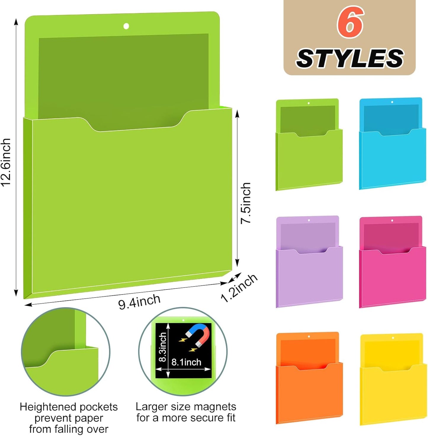 Fuutreo 6 Pcs Magnetic Wall File Organizer Magnetic Wall File Holder Refrigerator Magazine Holder for Mail Letters Paper(Aqua Green,Vertical-large)