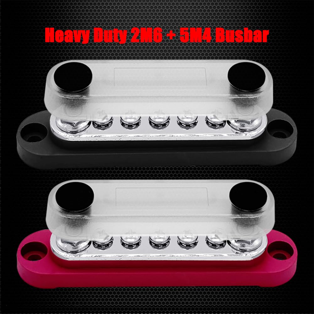 2 x #10 (M5) Studs Power Distribution Block with 5 x #8 (M4) Screws, Ampper 4.2" Bus Bar 12V Power Distribution Terminal Block Battery Busbar for Car Audio Solar (Red & Black)