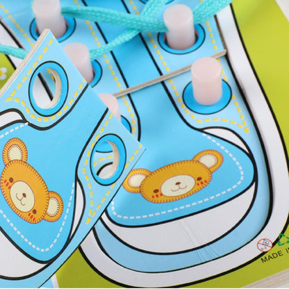 1PC Kids Wood Shoe Lace Lacing Sneaker Board Learn to Tie A Shoe Educational Learning Practice Fine Motor Skills for Kids Ages 3 and Up(Blue) Puzzle Shoes String