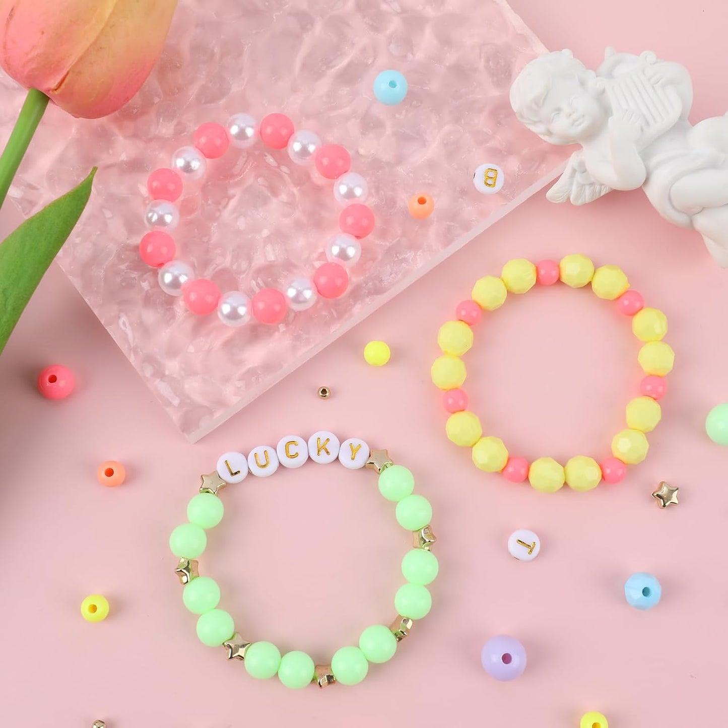 1720+pcs Pony Beads Kit 1830pcs 6 Style Letter Alphabet Beads Rainbow Plastic Pony Bead Bulk Multicolor Kandi Bead Elastic String DIY Crafts Jewelry Making Kit for Bracelets Necklaces