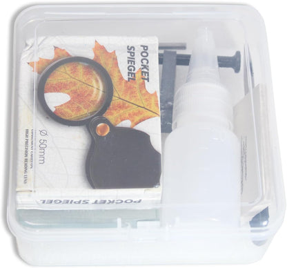Mineral ID Kit - 9 Pieces - Includes Dropper Bottle, Streak Plate, Glass Plate, Magnet, Nail, Copper Sheet, Retractable Hand Lens, Nail File, Alloy Drill Bit for Geology Classrooms