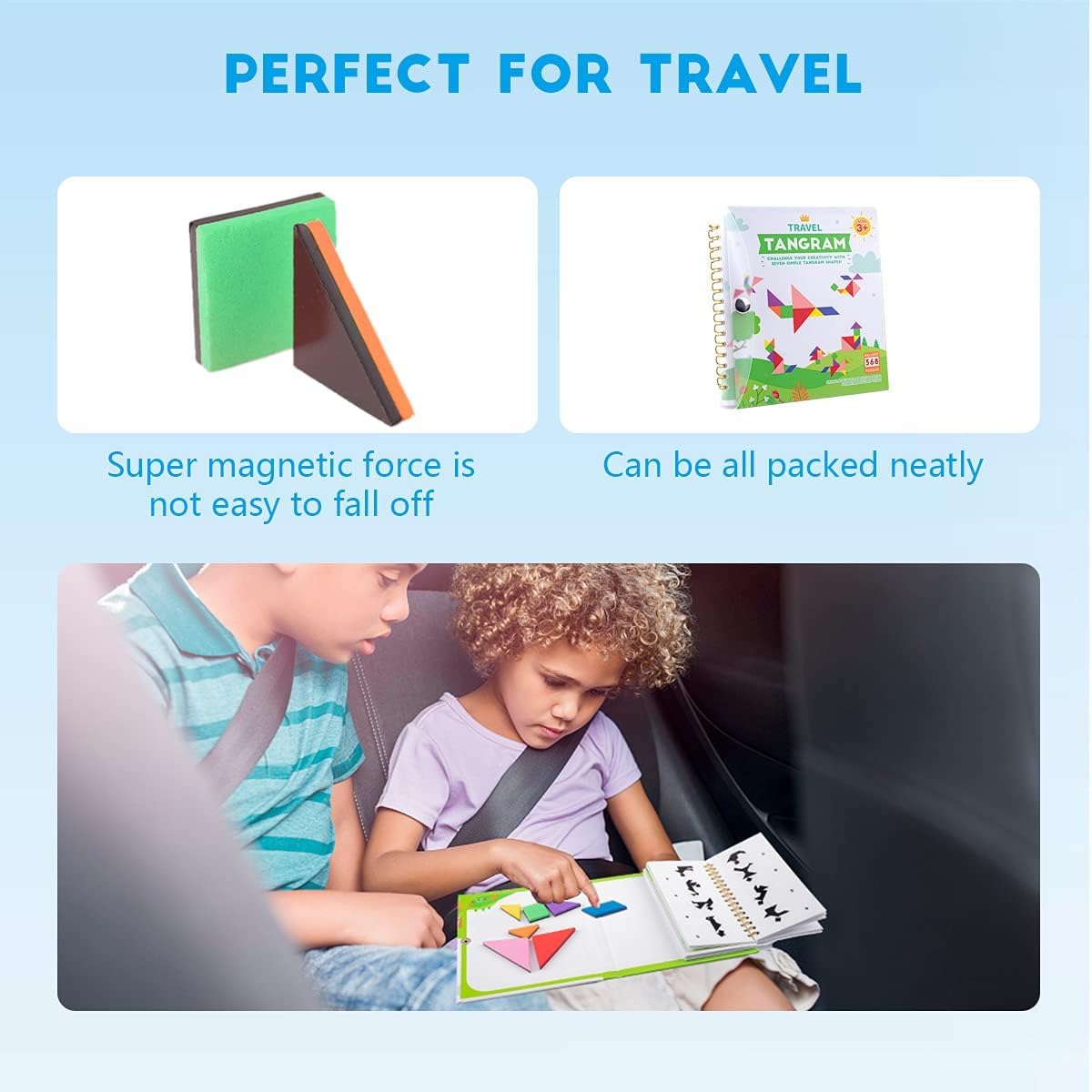 Vanmor Travel Tangram Puzzle - 3 Sets of Magnetic Tangram with 240 Solution - Montessori Shape Pattern Blocks Jigsaw Road Trip Games IQ Book Educational Toy Brain Teaser Gift for Kids Adults Challenge