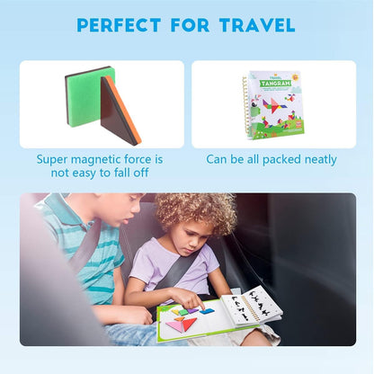 Vanmor Travel Tangram Puzzle - 3 Sets of Magnetic Tangram with 240 Solution - Montessori Shape Pattern Blocks Jigsaw Road Trip Games IQ Book Educational Toy Brain Teaser Gift for Kids Adults Challenge