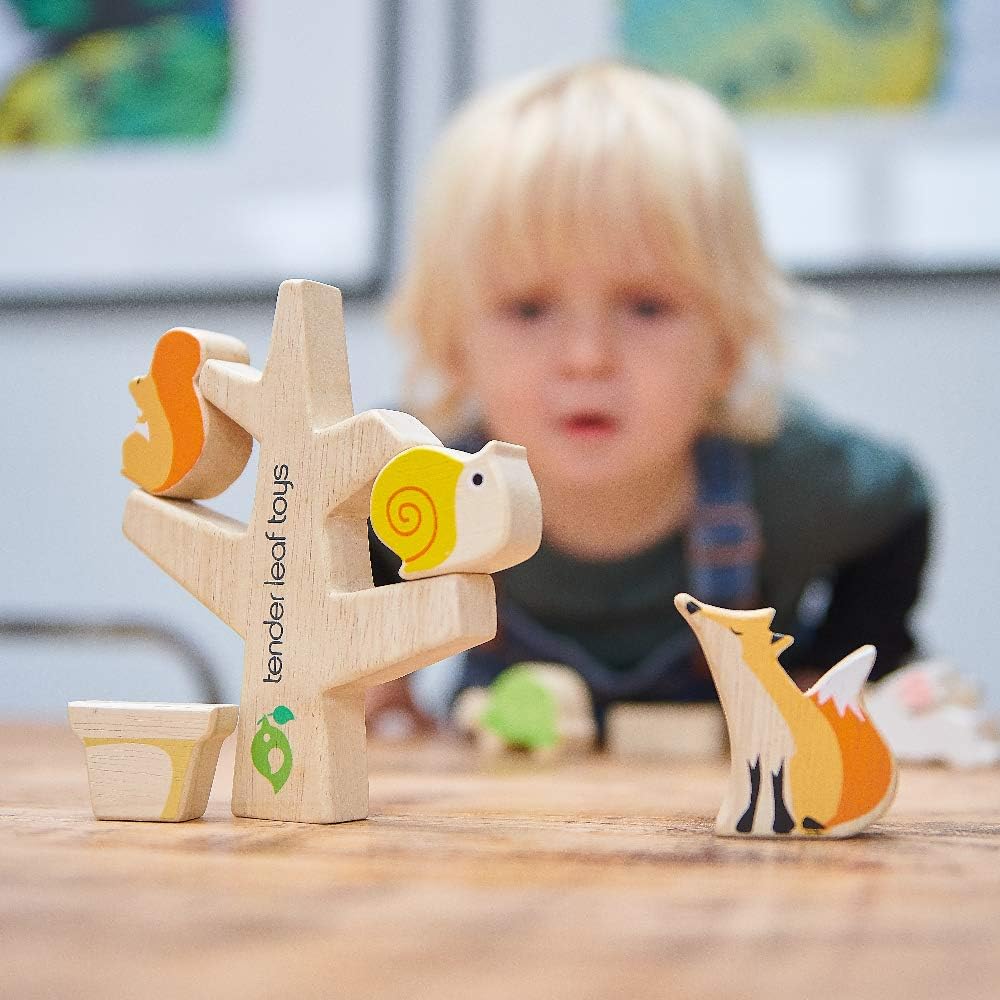 Tender Leaf Toys - Stacking Garden Friends - 14 Pcs Wooden Stacking & Balancing Toy & Educational Game with Free Travel Bag
