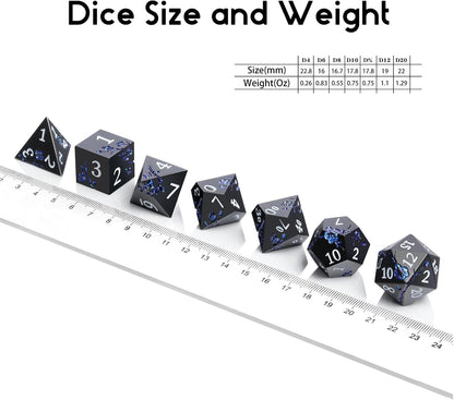 DnDnD Heavy Polyhedral Metal Dice Set with Metal Box, 7-die Shiny Blue Surface with Golden Number for RPG,Dungeons and Dragons,Pathfinder,Shadowrun,D&D,Role Palying Game and Math Teaching - Colors A