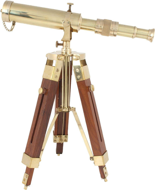 Vintage Brass Telescope on Tripod Stand use Lens Antique Desktop Brass Telescope Royal Antique Golden Finish Spyglass Nautical Beautiful On Wooden Tripod Stand