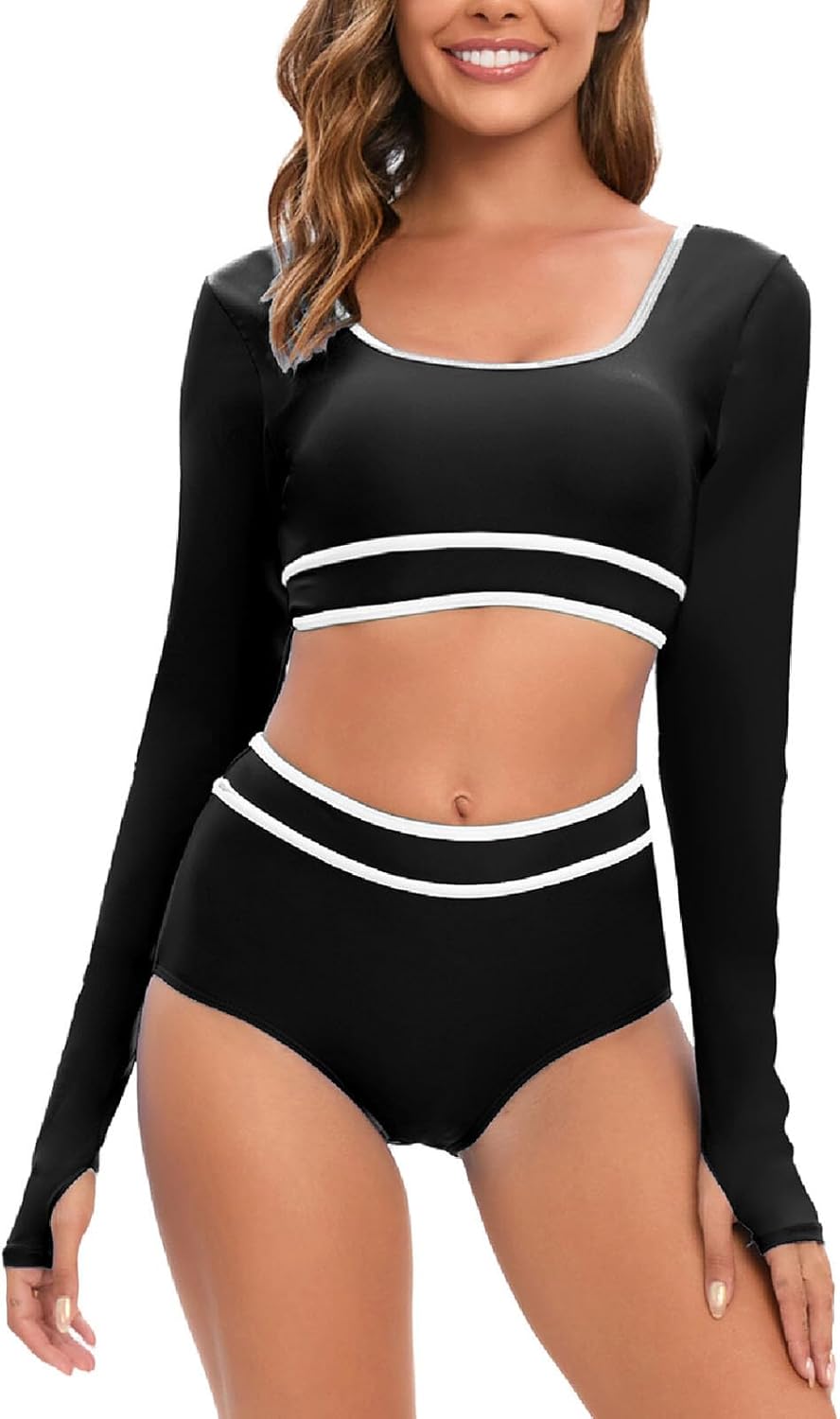 JadeRich Women's Fashion Pattern Long Sleeve Tankini Sets UPF 50+ Rash Guard Swimsuit Sun Block Swimwear