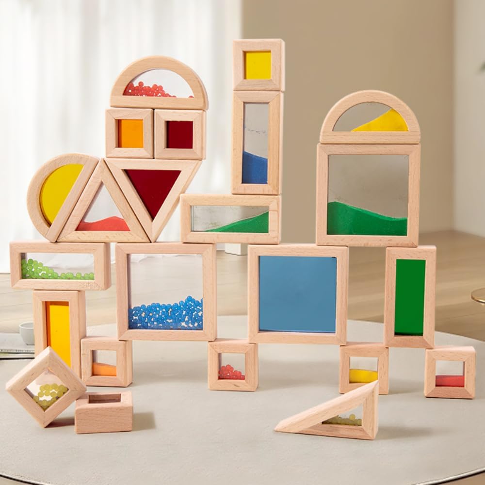 Rainbow Sensory Stacking Toys, Stem Education Building Block Set, 23 Wooden Beads, Fine Sand Sound Building Blocks, Toddlers, Infants, Children, Colorful Geometric Stacking Toys
