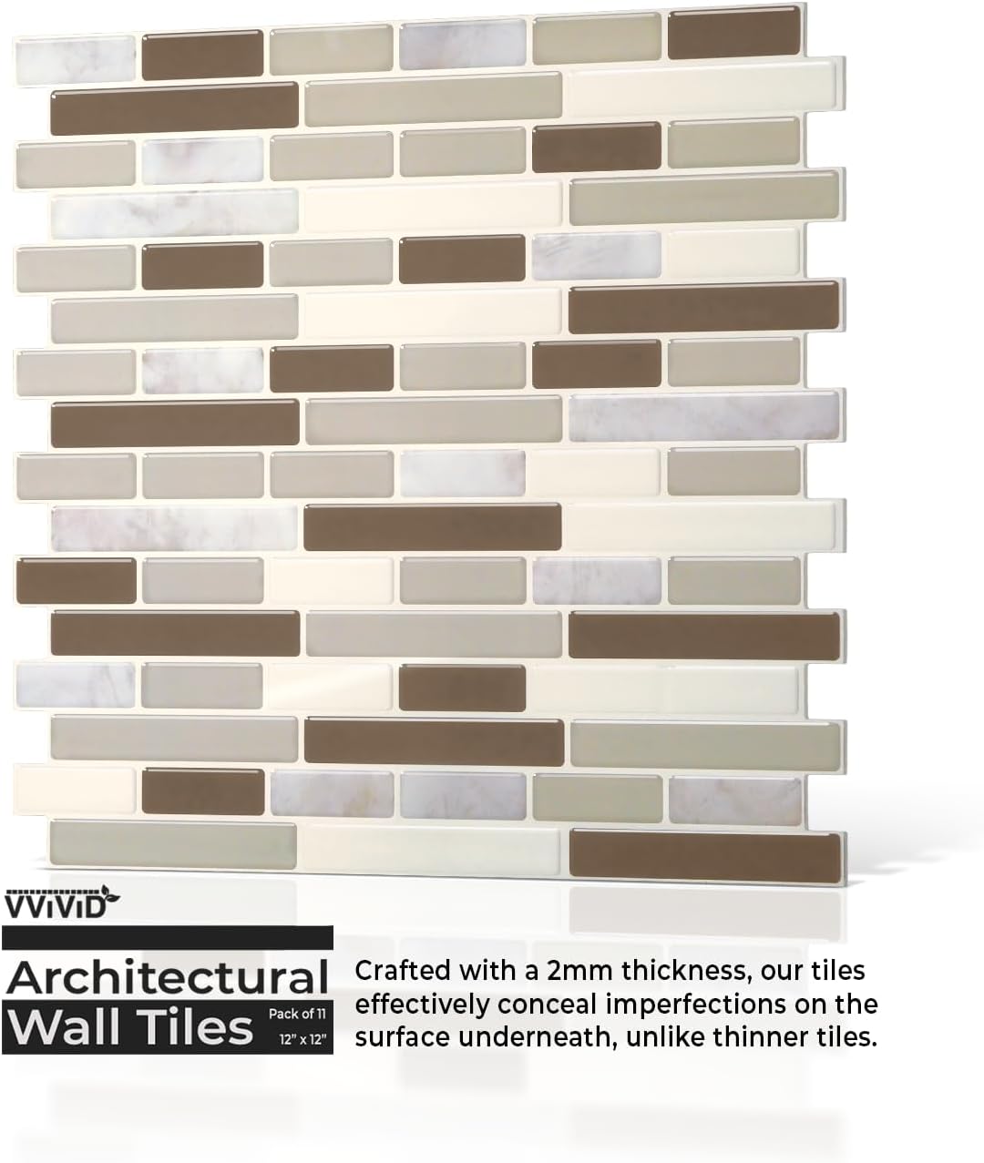 VViViD 11 Sheets Peel and Stick Grey Gloss Faux Ceramic Brick Wall Tiles, Self Adhesive Backsplash 12”x12”, 2mm Thick Kitchen, Bathroom (11 sq. ft.)