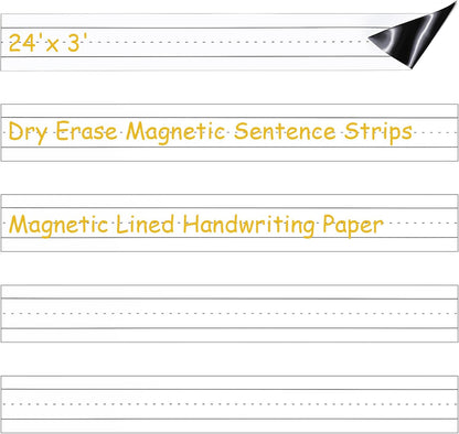 Chinco 5 Pcs Magnetic Sentence Strips for Teacher 24x3 Inch Magnetic Dry Erase Sentence Strips Lined Erasable Tape Reusable Classroom Learning Tool for Whiteboard Classroom Teacher Magnet Tools