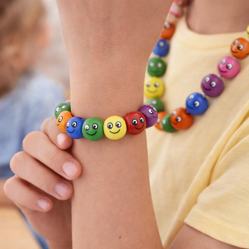 Perlin Wooden Beads with Smiley Face 60 Pieces Threading Beads Made of Wood Colourful 3mm Hole Bead for Craft Making Decorations and DIY Crafts