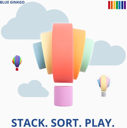 BLUE GINKGO Silicone Rainbow Stacker - Montessori Nesting Puzzle | Kids and Toddler | Stacking Sensory Toys - 7 Layers (Pastel)