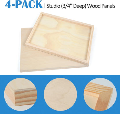 Falling in Art Unfinished Birch Wood Canvas Panels Kit, 4 Pack of 8x10’’ Studio 3/4’’ Deep Cradle Boards for Pouring Art, Crafts, Painting, and More