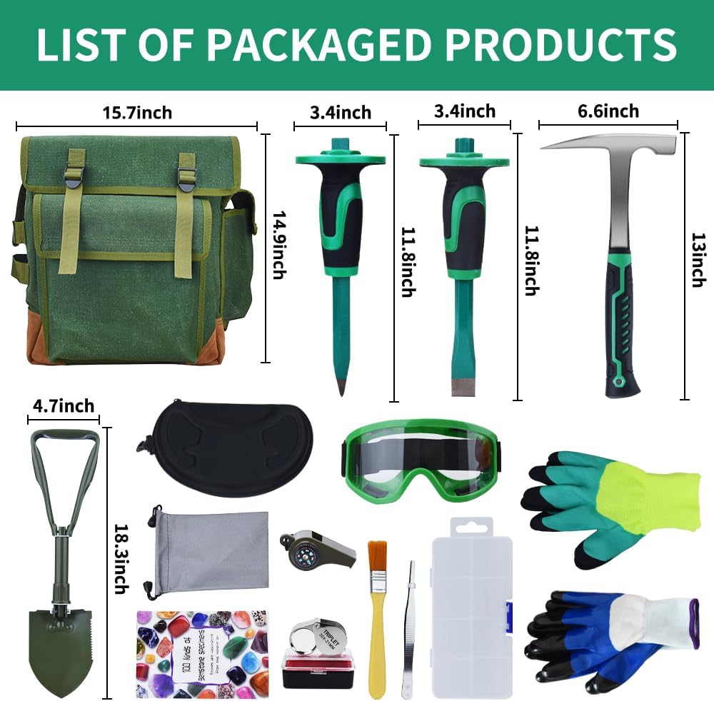 16-Piece Geological Rock Hammer Kit, Portable 32-ounce Hammer and Chisel Backpack Set, Suitable for Rock Hunting, Gold Mining,Ideal Choice for Beginners and Enthusiasts
