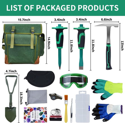 16-Piece Geological Rock Hammer Kit, Portable 32-ounce Hammer and Chisel Backpack Set, Suitable for Rock Hunting, Gold Mining,Ideal Choice for Beginners and Enthusiasts