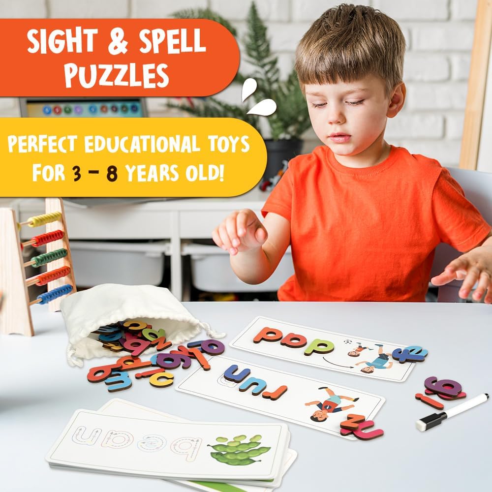 CVC Flashcards, Reusable Write & Match Spelling Game for Kids 3-6, Laminated Alphabet Cards with Wooden Letters & Dry Erase Marker, Montessori Learning Toy