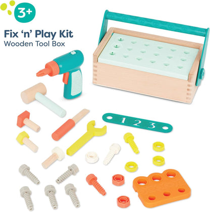 B. toys – Fix ‘n’ Play Kit – Pretend Play Tool Box – Wooden Toolbox & Accessories (25 Pieces) – Carpenter Set for Kids – Play Set with Drill, Hammer, Screwdriver & More – 3+ Years