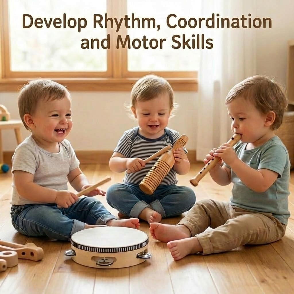 Stoie's Wooden Toddler Musical Instruments with Drum, Hand Bells, Flute, Maracas, Castanet, Tamburine, for Babies and Kids, Eco Friendly Montessori Educational Toy