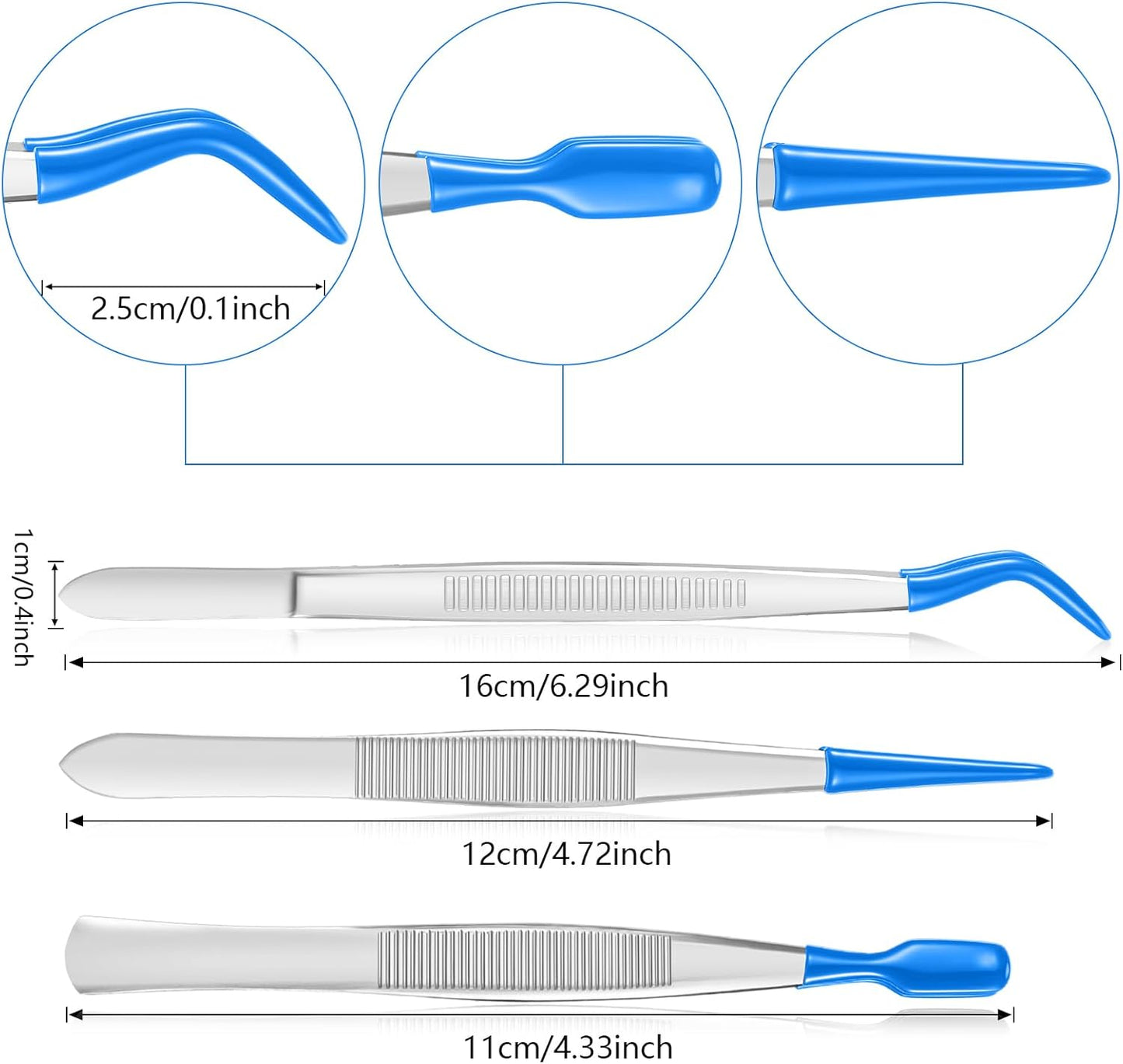 Honoson 3 Pieces Rubber Tipped Tweezers for Crafting Set - PVC Coated Flat, Straight & Bent Tips Stamps, Beads, Jewelry(Blue)