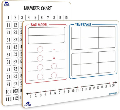 SCRIBBLEDO Bar Model, Ten Frame & Number Line 9x12 Double-Sided Dry Erase Math Manipulatives Board 1–120 Number Chart Reusable Whiteboard for Teacher Classroom Homeschool & Early Math Practice