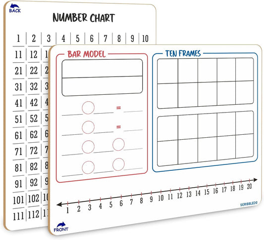 SCRIBBLEDO Bar Model, Ten Frame & Number Line 9x12 Double-Sided Dry Erase Math Manipulatives Board 1–120 Number Chart Reusable Whiteboard for Teacher Classroom Homeschool & Early Math Practice