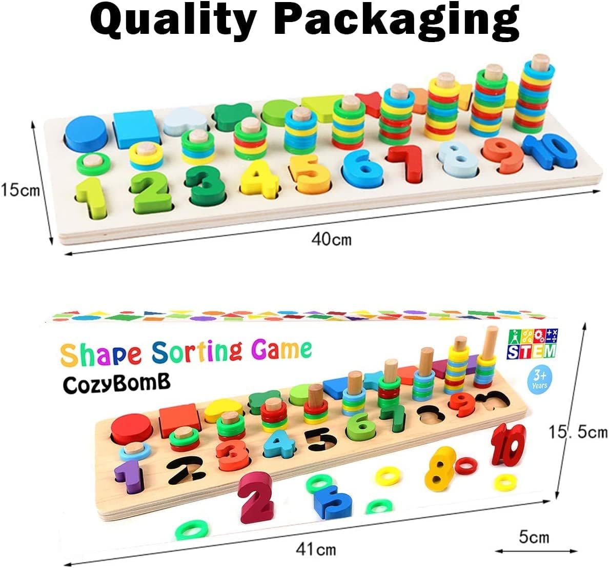 CozyBomB™ Educational Montessori Toys for 1 Year Old Toddlers - Wooden Puzzles Blocks Number Stacking Preschool Learning Activities Shape sorter Math Game Counters Baby Kids Ages 3 4 5 Years Old