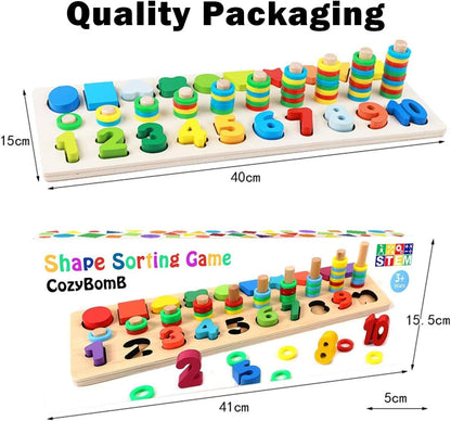 CozyBomB™ Educational Montessori Toys for 1 Year Old Toddlers - Wooden Puzzles Blocks Number Stacking Preschool Learning Activities Shape sorter Math Game Counters Baby Kids Ages 3 4 5 Years Old