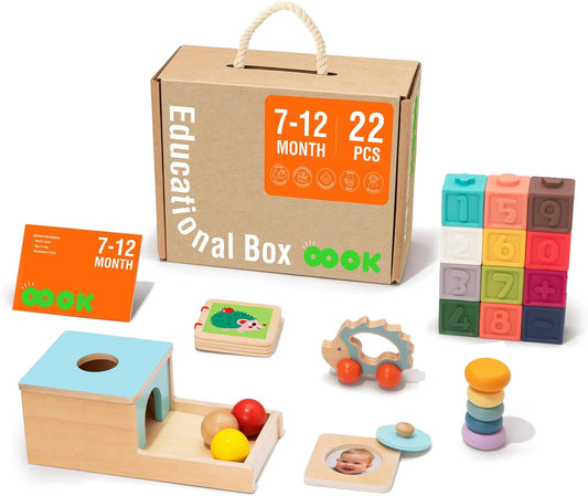 TOOKYLAND Montessori Toys for 1 Year Old, 8 in 1 Learning Educational Set Wooden Toys (Includes Stacking Cups, 3-in-1 Educational Box, Pound Bench, Shape Puzzle and More)