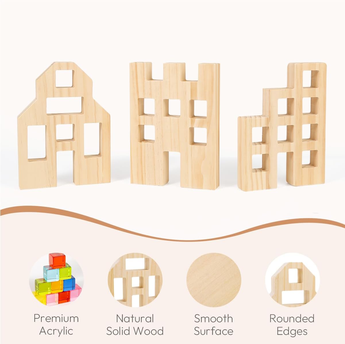 Woodtoe Wooden Building Blocks Set for Kids, 36 PCS Rainbow Acrylic Gem Blocks - 3 Wood House, Montessori Stacking Toy for Toddlers, Educational STEM Birthday Creative Toy Gift for Boys Girls 3-6