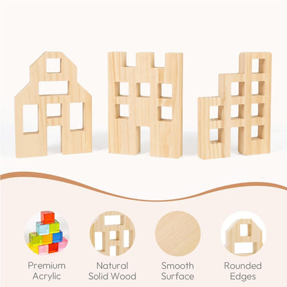 Woodtoe Wooden Building Blocks Set for Kids, 36 PCS Rainbow Acrylic Gem Blocks - 3 Wood House, Montessori Stacking Toy for Toddlers, Educational STEM Birthday Creative Toy Gift for Boys Girls 3-6