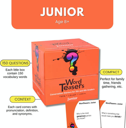 ? WORD TEASERS Junior - Vocabulary Word Game for Kids 8+ - Fun Family Conversation Starters - Reading Games for Elementary & Middle School - 150 Vocabulary Flash Cards/Conversation Cards