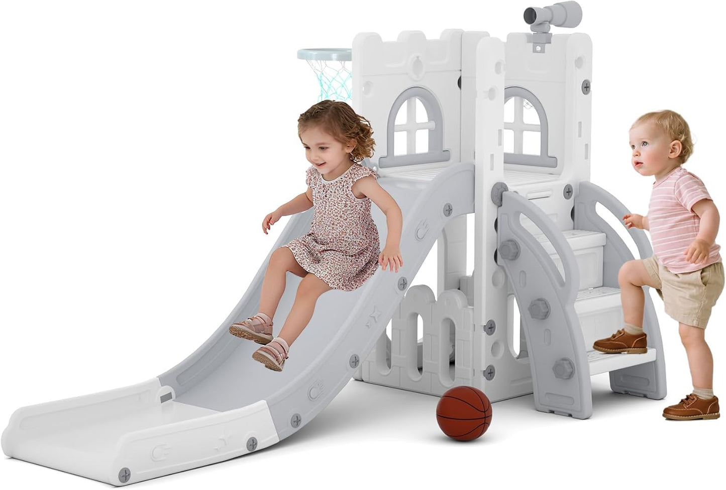 LulliSpace 6 in 1 Toddler Slide,Kids Playset for Toddlers Indoor Outdoor, Baby Slide with Basketball Hoop, Telescope & Storage Space,Non-Slip Steps for Great Gift
