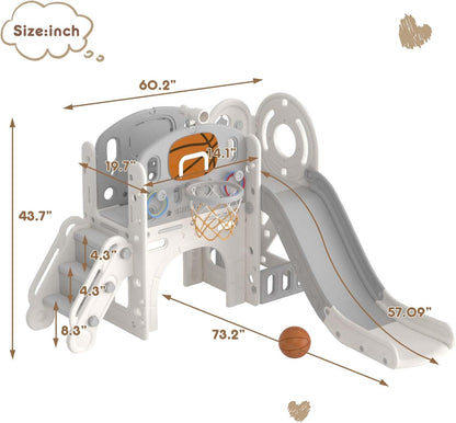 YUFU 9 in 1 Toddler Slide Set, Kids Slide for Toddlers Age 1-3, Toddler Playset with Climber and Basketball Hoop, Kids Indoor Outdoor Playground (Beige+Coffee)